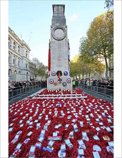 Poppies and wreathed on Remembrance Day at the Cenotaph, London