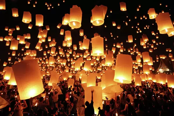 Floating Sky Lanterns during Loy Krathong, Chiang Mai, Thailand