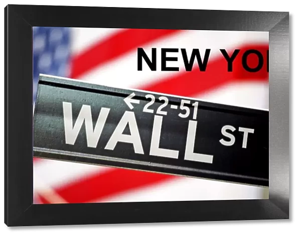 Souvenir of Wall Street sign and Stars and Stripes American Flag, New York