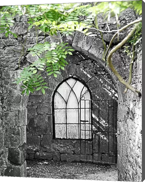 Arched church window in a stone archway in a chapel with green leaves