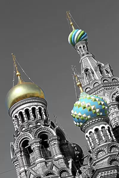 Onion domes of the Church of Our Saviour on Spilled Blood in St Petersburg, Russia, spot colour