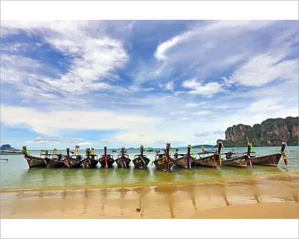Traditional Thai long tail boats, Railay Beach West, Krabi, Phuket, Thailand