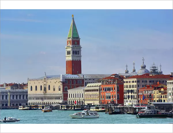 The Venice waterfront and St. Marks Campanile bell tower in Venice, Italy