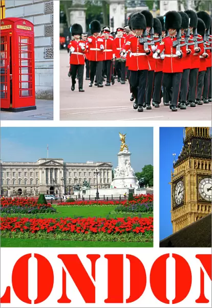 Souvenir photos of Big Ben, Buckingham Palace, Guards, and a Telephone Box in London, England