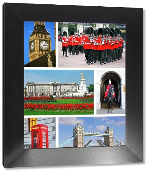 Souvenir sepia photos of Big Ben, Buckingham Palace, Guards, Tower Bridge and a Telephone Box in London, England