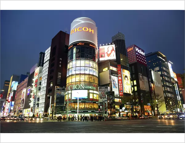 Night scene of buildings and lights in Ginza, Tokyo, Japan