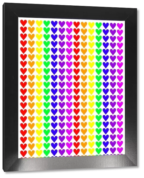 Multi-coloured heart mug covered in lines of rainbow hearts