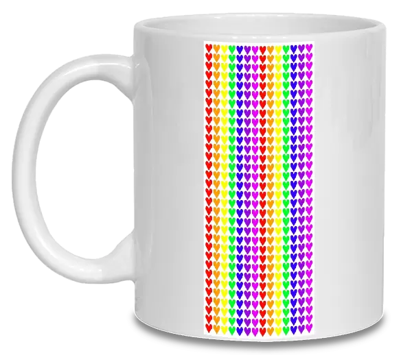 Multi-coloured heart mug covered in lines of rainbow hearts