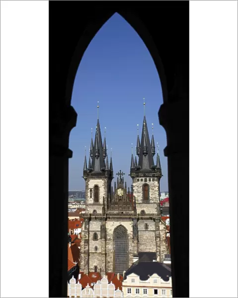 Church of our Lady before Tyn seen through window arch, Old Town Square, Prague, Czech Republic