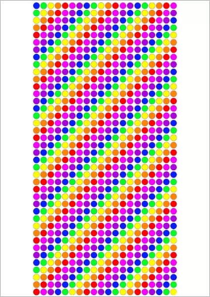 Multi-coloured spots, circles and dots in lines of colourful rainbow colours