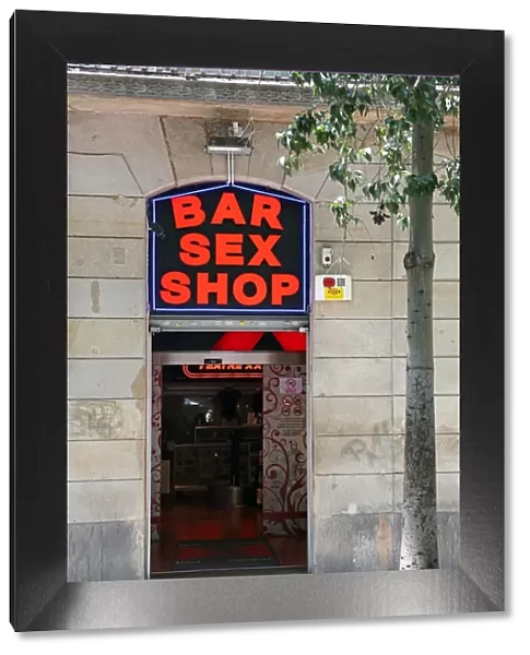 Sex shop doorway and sign on La Rambla, Barcelona, Spain
