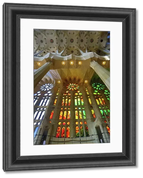 Stained glass windows in the Basilica de la Sagrada Familia cathedral in Barcelona, Spain
