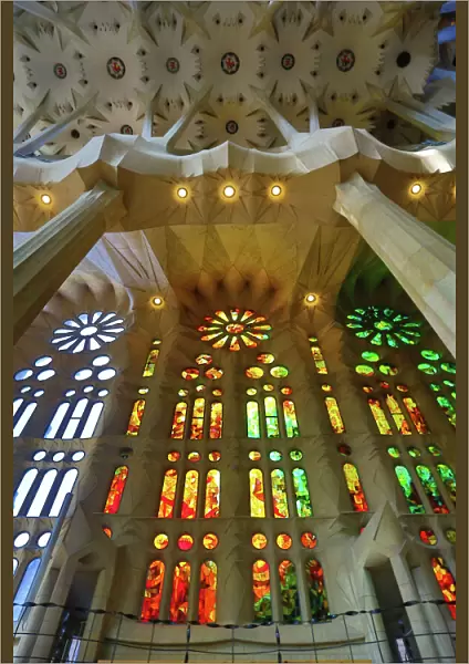 Stained glass windows in the Basilica de la Sagrada Familia cathedral in Barcelona, Spain