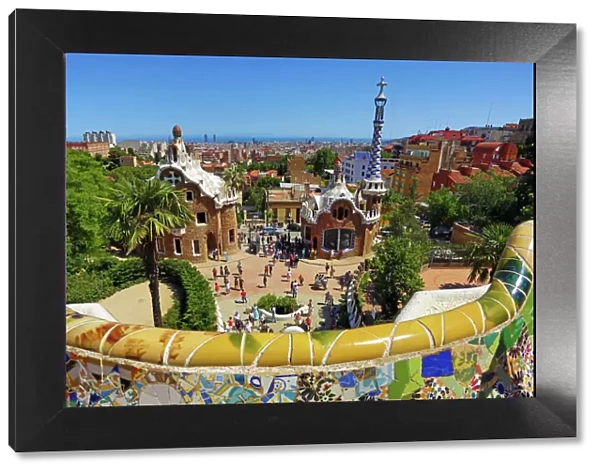 Parc Guell park with architecture deisgned by Antoni Gaudi in Barcelona, Spain