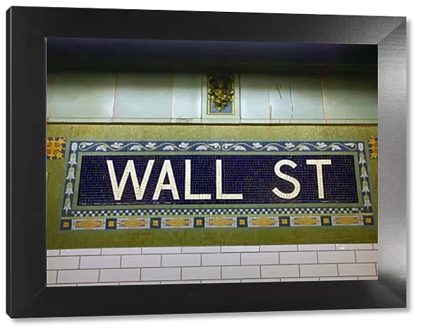 Station sign at the Wall Street Subway station, New York. America