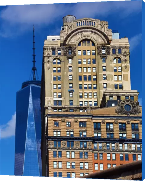 Old traditional and new buildings including One World Trade Center ( 1 WTC ), New York. America