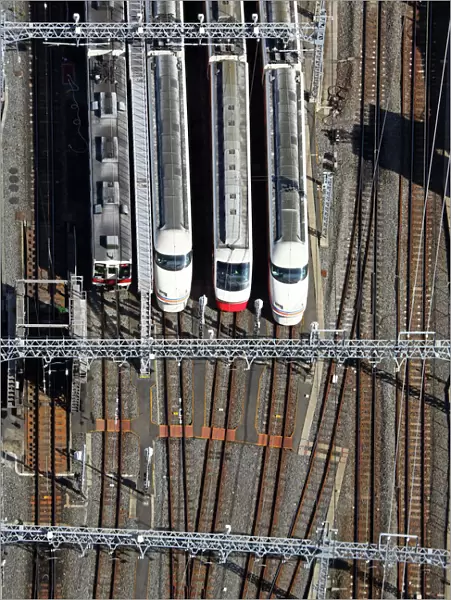 Aerial view of station with Japanese trains, Tokyo, Japan