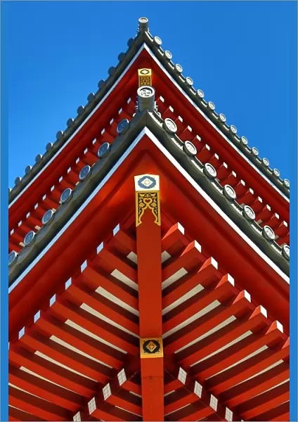 Traditional wooden roof at the Shinto Shrine at Senso-Ji Bhuddist Temple in Asakusa in Tokyo, Japan
