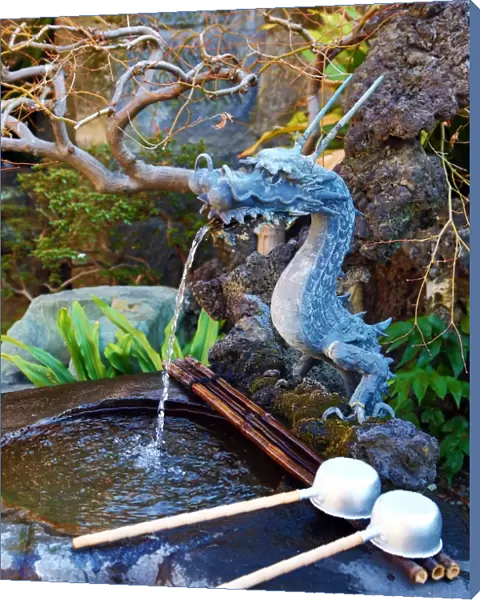 Dragon purifying water fountain at the Chingodo Shrine in Asakusa in Tokyo, Japan