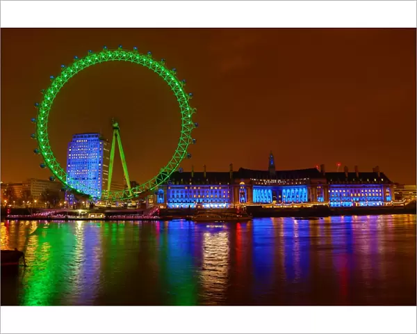 London Eye (Millennium Wheel) illuminated green for St Patricks Day in London, England