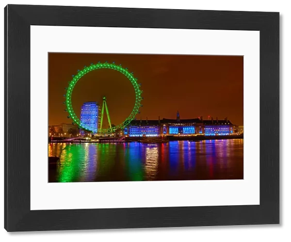 London Eye (Millennium Wheel) illuminated green for St Patricks Day in London, England