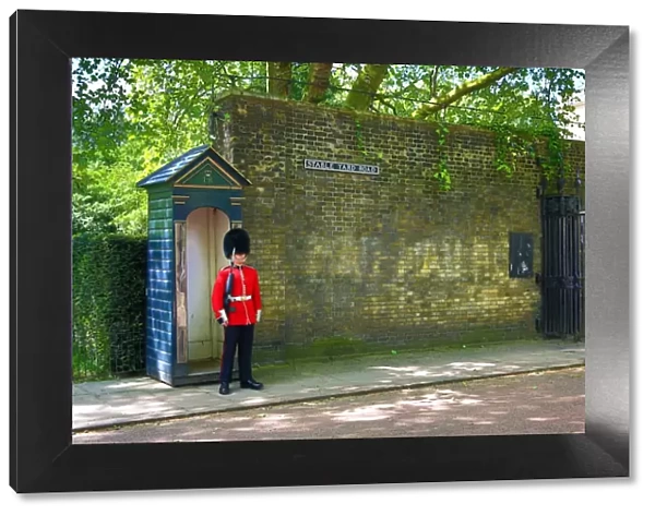 Queens Guard wearing busby guarding St James Palace, London, England