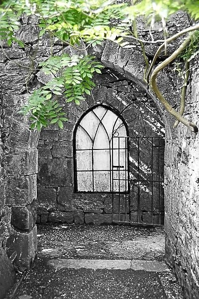Arched church window in a stone archway in a chapel with green leaves