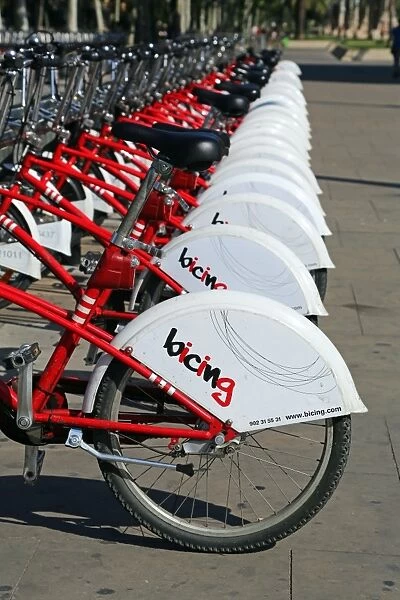 Bicing rental bicycles hire stand in Barcelona, Spain