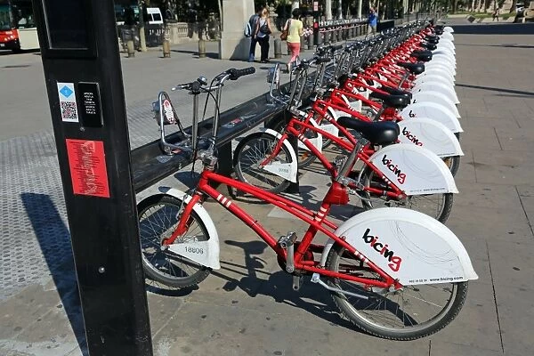 Bicing rental bicycles hire stand in Barcelona, Spain