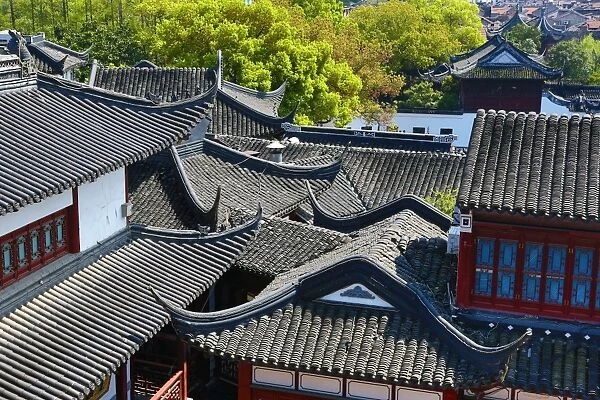 Black tiles roofs of traditional buildings in the Old City, Shanghai, China