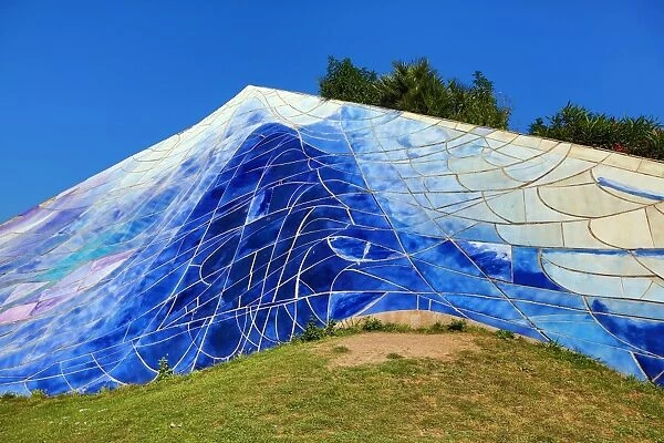Blue ceramic art installation in the Parc de L Estacio del Nord park in Barcelona, Spain