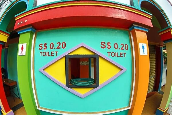 Brightly coloured toilet with colourful decoration in Little India in Singapore, Republic of Singapore