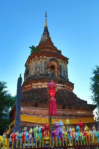 Chedi and colourful lanterns at Wat Lok Molee Temple in Chiang Mai, Thailand
