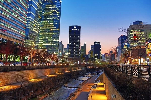 Cheonggyecheon stream at sunset in Seoul, Korea
