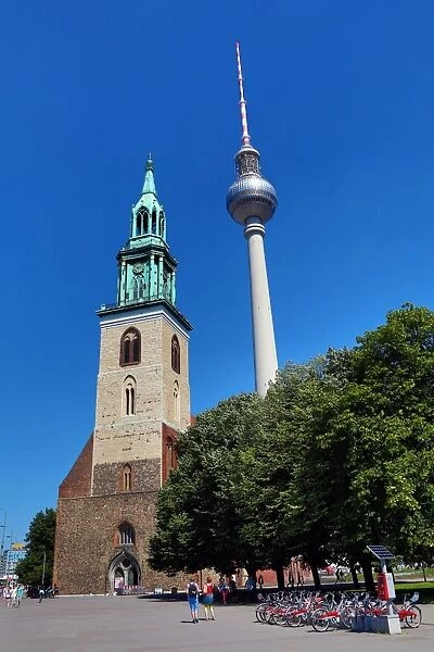 Church of St Mary and the Berlin TV Tower, Fernsehturm, television tower in Berlin, Germany