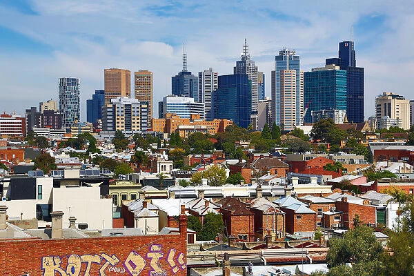 City skyline of Melbourne from Brunswick Street, Melbourne, Victoria, Australia