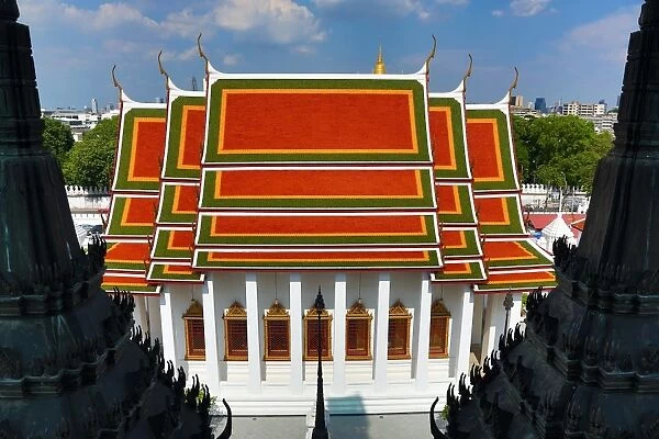 Colourful tiles on the roofs of Wat Ratchanatdaram Temple, Bangkok, Thailand