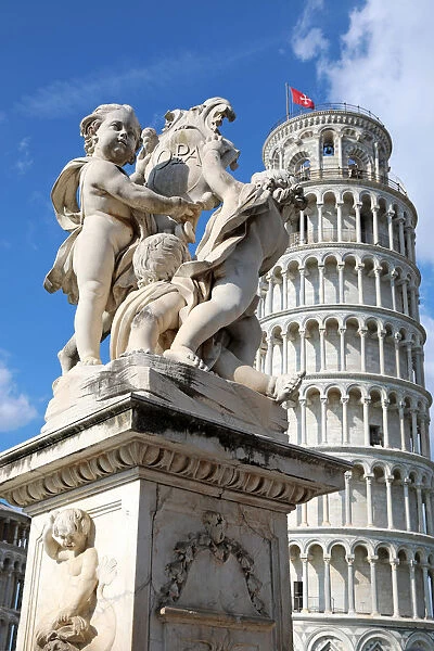 Cupid Statue and Leaning Tower of Pisa, Piazza dei Miracoli, Pisa, Italy