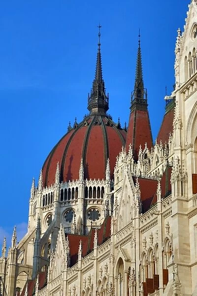 Dome and spires of the Hungarian Parliament Building, the Orszaghaz, in Budapest, Hungary