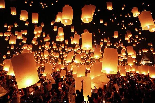 Floating Sky Lanterns during Loy Krathong, Chiang Mai, Thailand