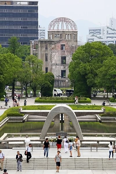 The Genbaku Domu, Atomic Bomb Dome, and the Memorial Cenotaph in the Hiroshima Peace Memorial Park, Hiroshima, Japan