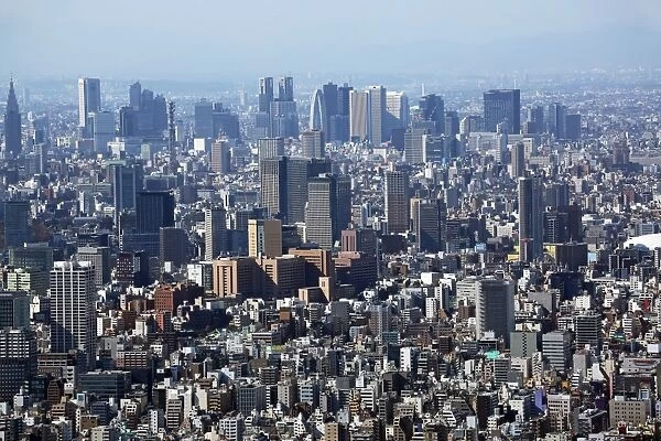 General aerial view of the city skyline looking towards Shinjuku, Tokyo, Japan