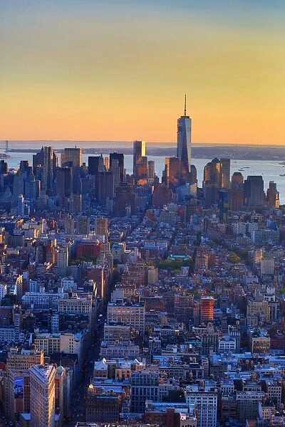 General aerial view of the New York Manhattan city skyline at sunset, New York. America