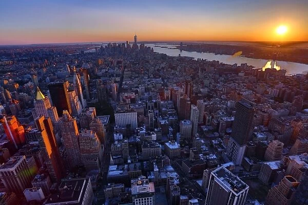 General aerial view of the New York Manhattan city skyline at sunset, New York. America