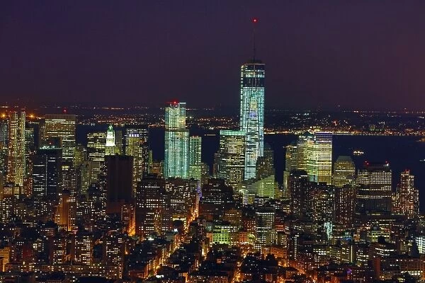 General aerial view of the New York Manhattan city skyline at night and One World Trade Center ( 1 WTC ), New York. America