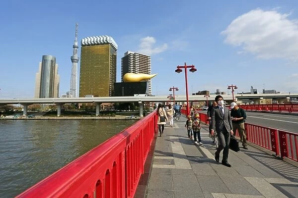 General view of the city skyline in Asakusa with the Tokyo Skytree Tower and the Asahi Beer Headquarters, Tokyo, Japan