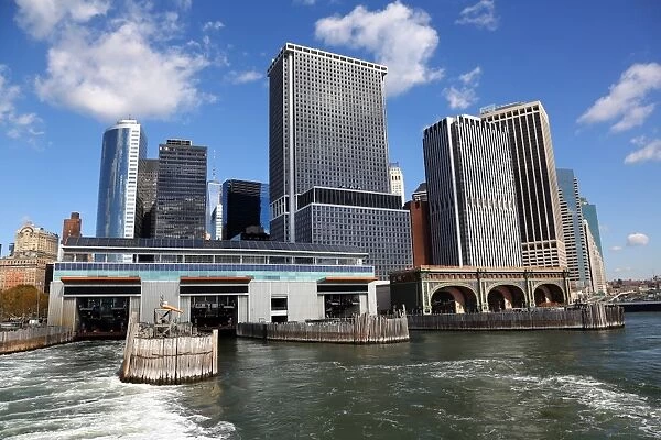 General view of the New York Manhattan city skyline and South Ferry terminal for the Staten Island Ferry, New York. America
