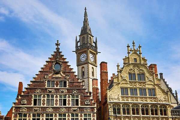 Ghent clock tower and the Vrije Schippers Guildhall, Graslei quay, Ghent, Belgium