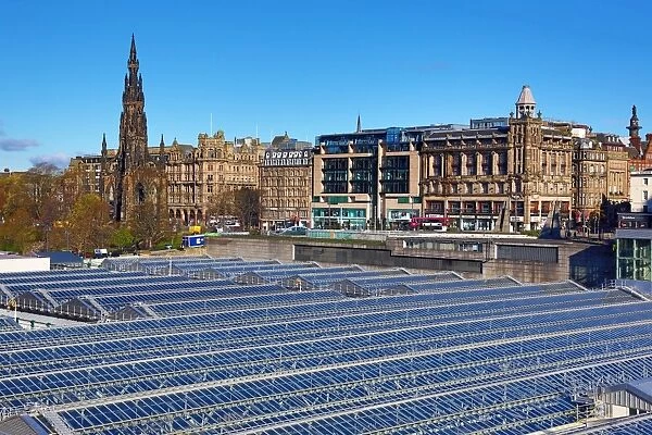 Glass panels on the roof of Waverley Station and the Scott Monument in Edinburgh