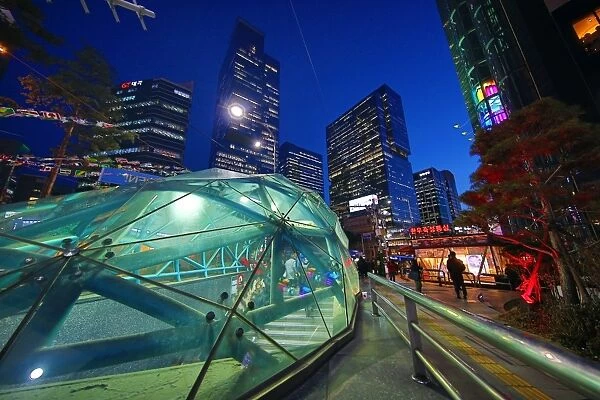 Glass roof of Gangnam metro station and buildings, Seoul, Korea